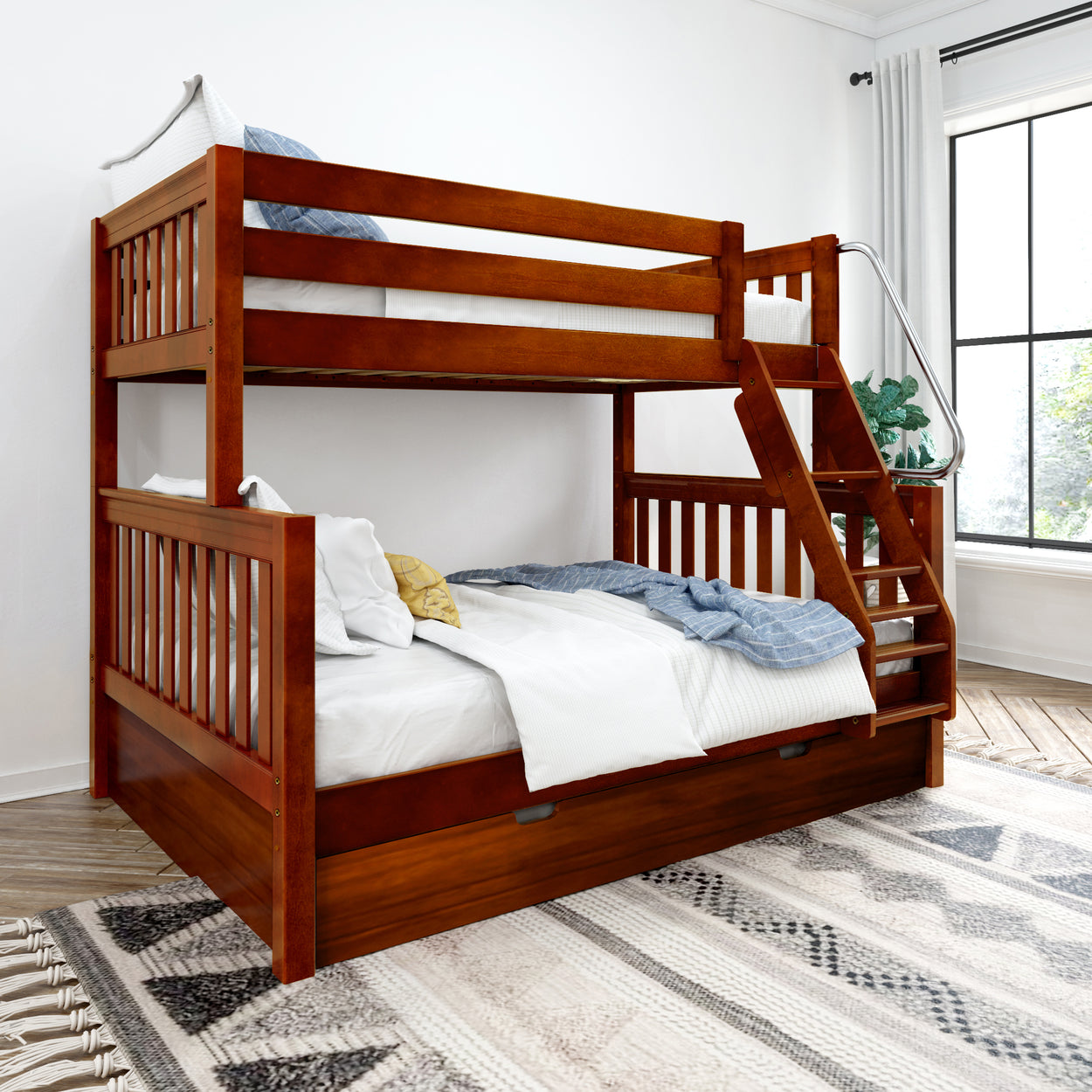 Wooden bunk bed with bedding in a bright, modern bedroom featuring large windows and a patterned rug.