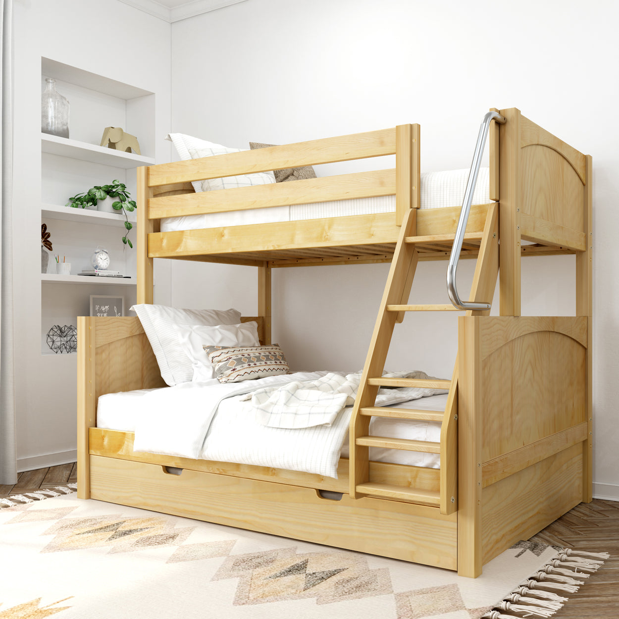 Wooden bunk bed with ladder in a modern bedroom featuring white bedding and decorative pillows.