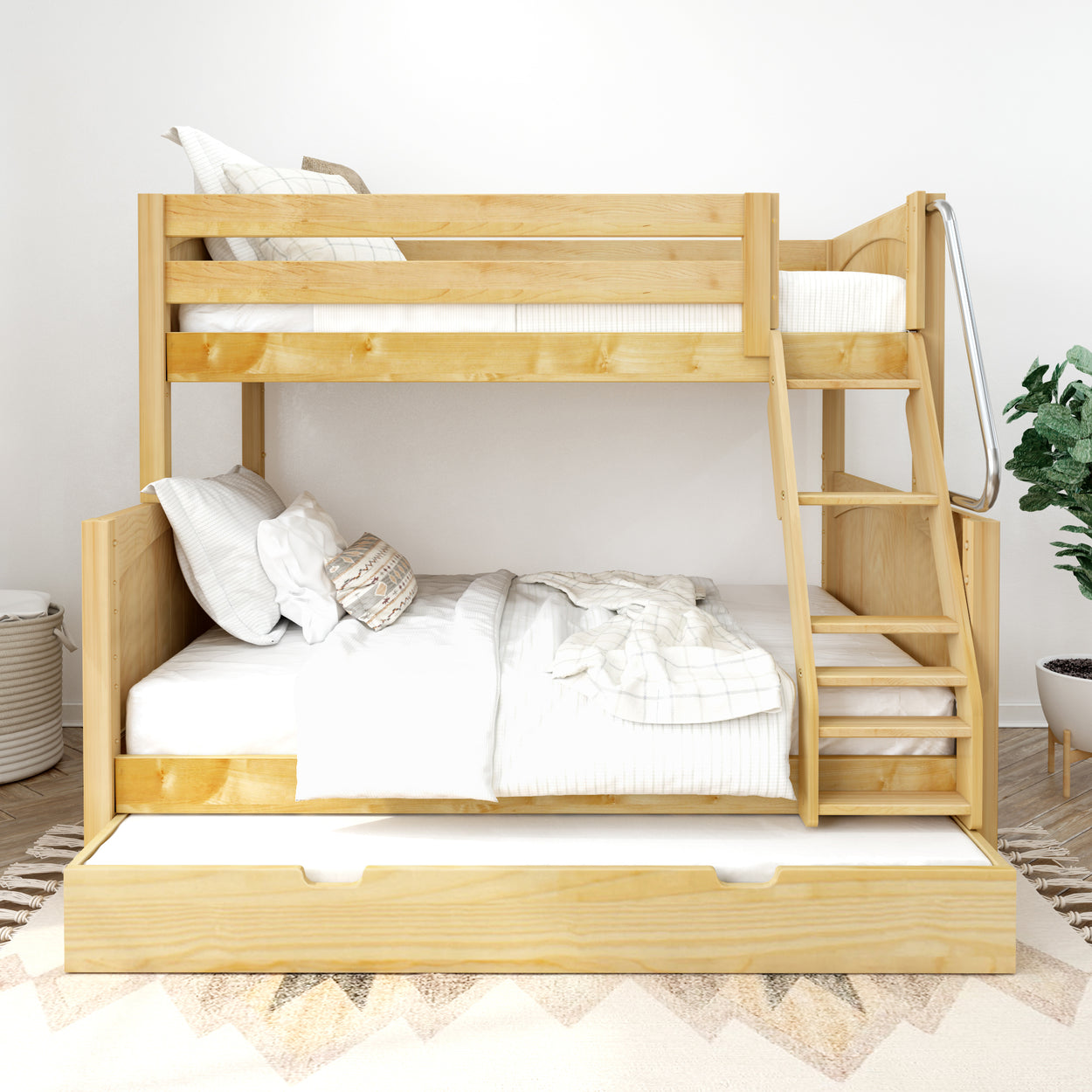 Natural wood bunk bed with trundle and ladder in a bright, minimalistic bedroom.