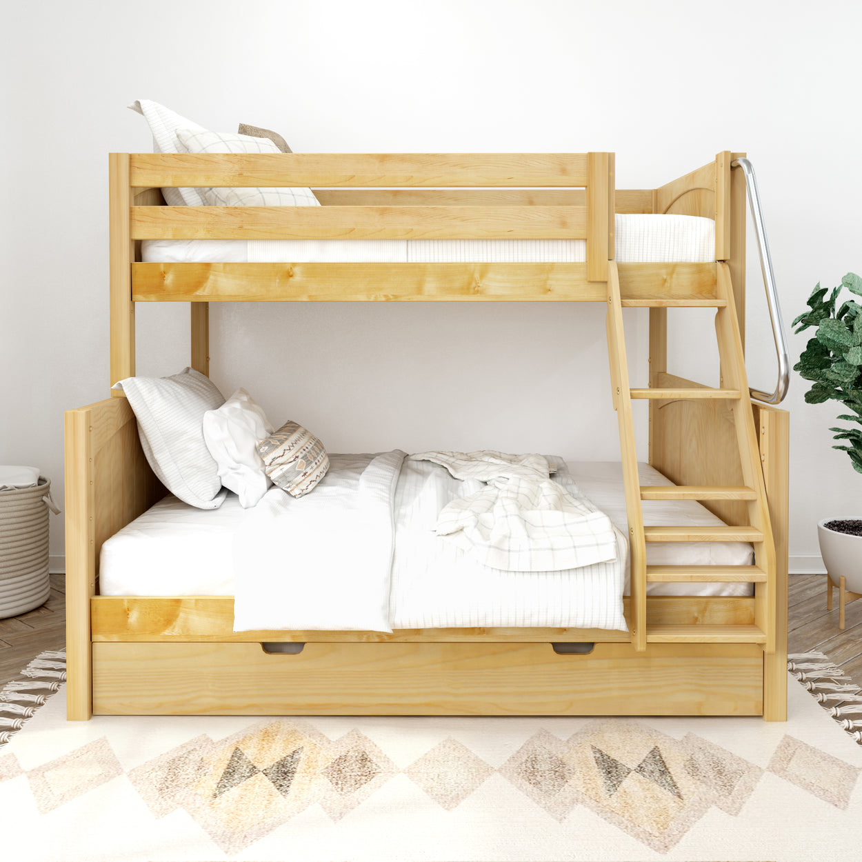 Wooden bunk bed with built-in storage drawers and cozy bedding in a modern bedroom setting.