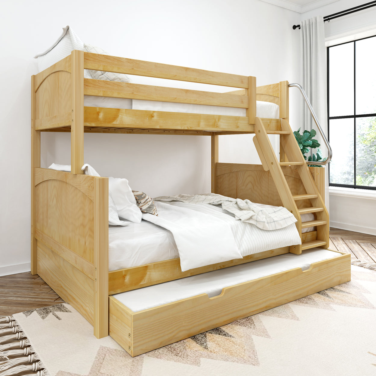 Wooden bunk bed with ladder and pull-out storage drawer in a bright bedroom setting.