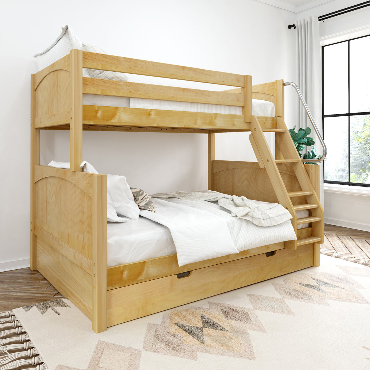 Wooden bunk bed with storage in modern bright bedroom.