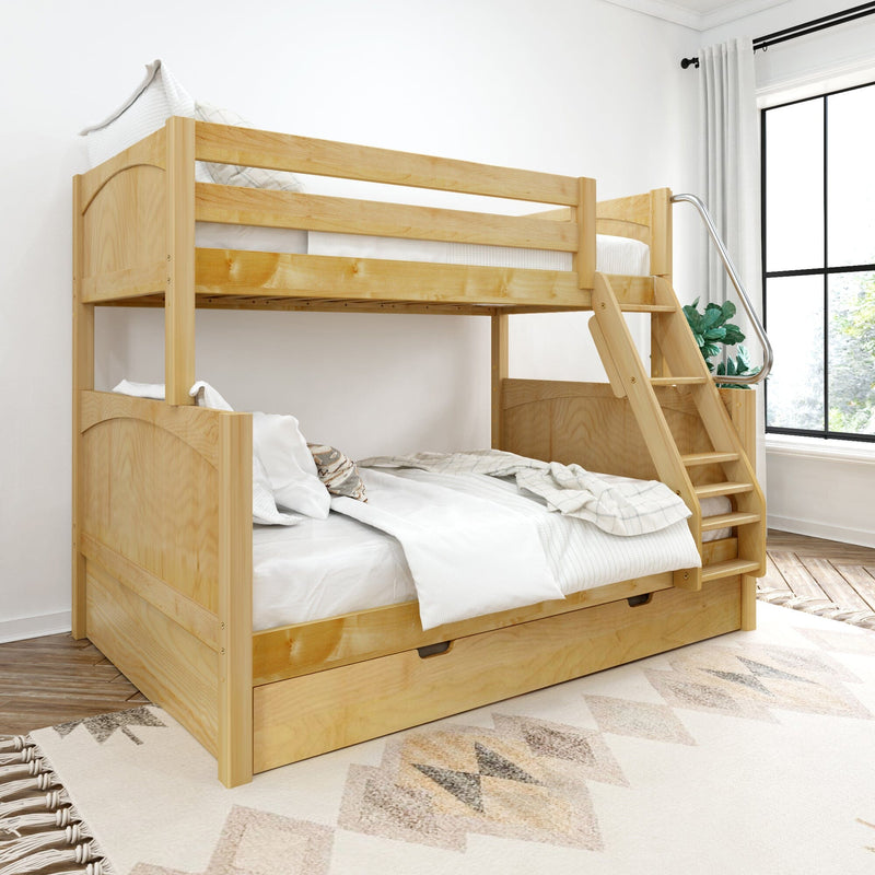 Natural pine wooden bunk bed with ladder, guardrail and trundle drawer in bright modern bedroom