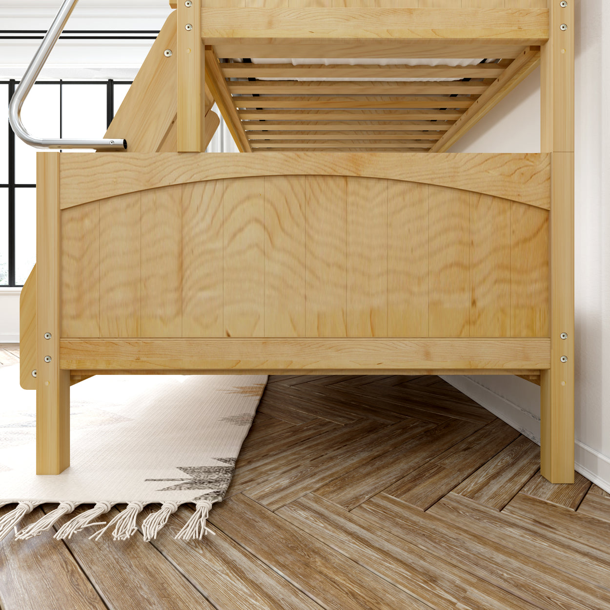 Wooden bunk bed with ladder, featuring a light finish and sturdy construction on herringbone hardwood floor.