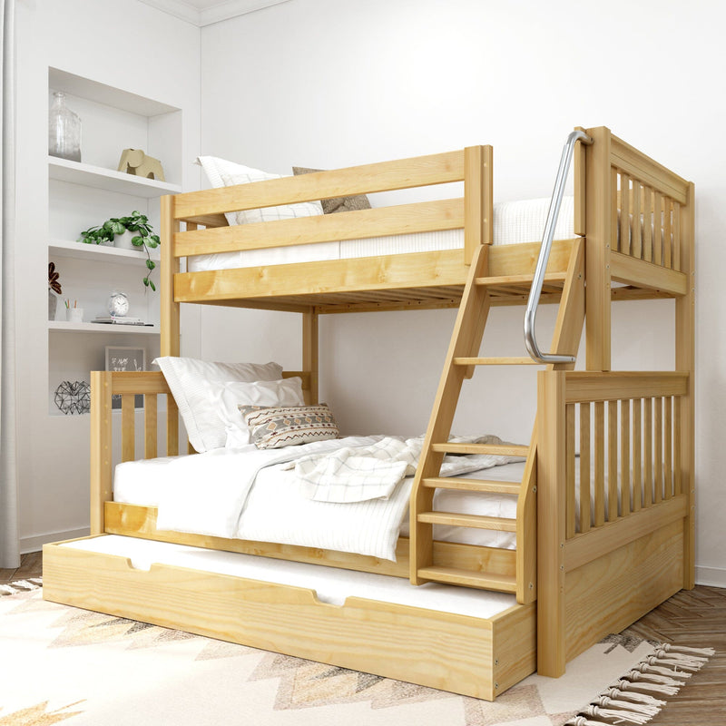 Light pine wooden bunk bed with ladder and pull-out trundle, space-saving design in a modern kids bedroom with white bedding and wall shelves