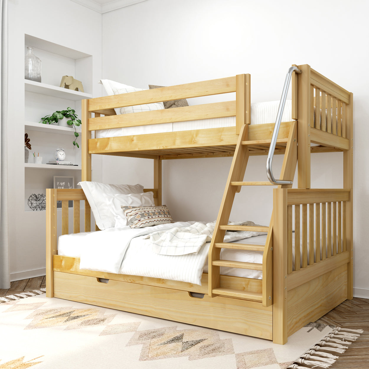 Wooden bunk bed with storage and ladder in modern bedroom setting.