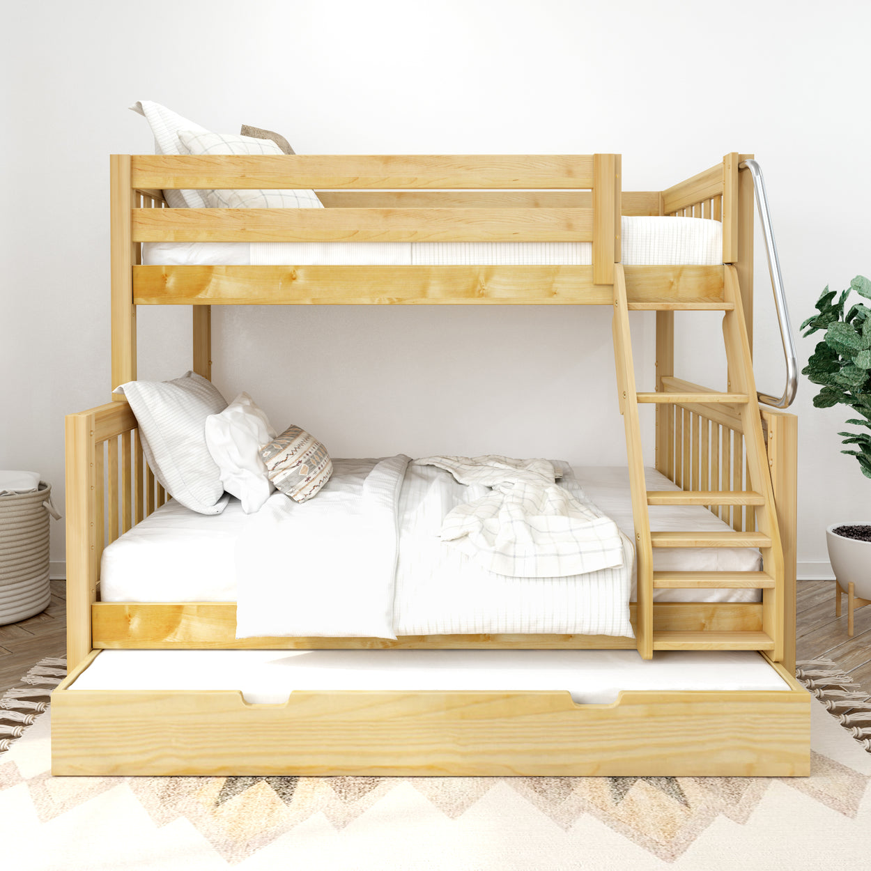 Wooden bunk bed with trundle and staircase in modern bedroom setting.