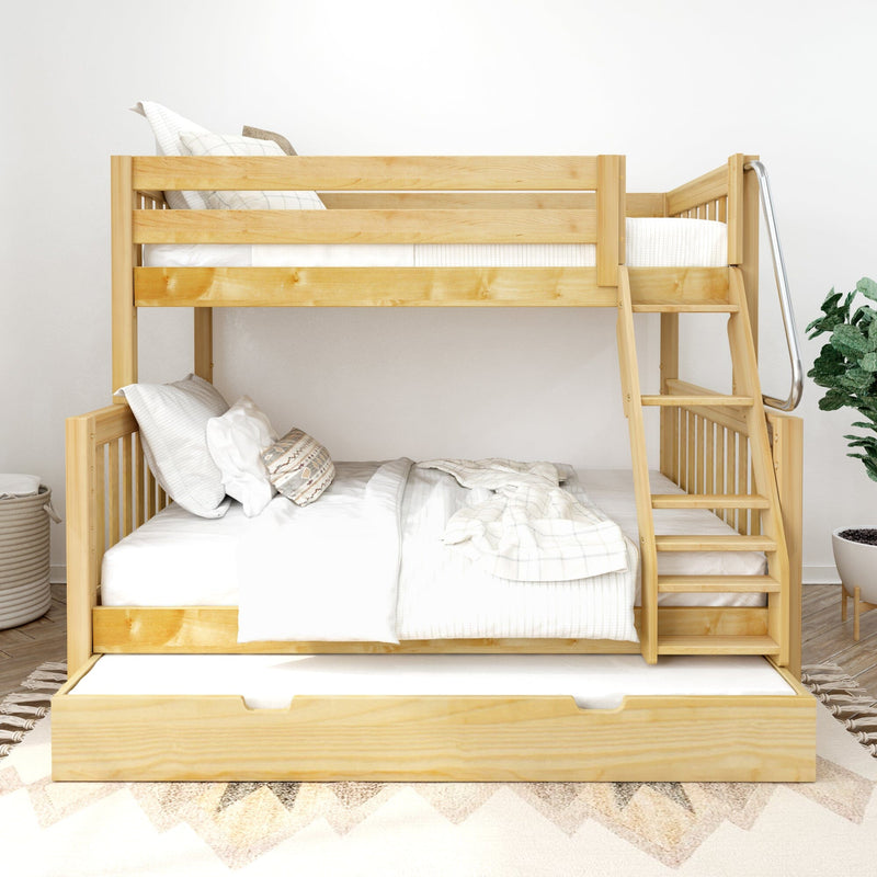 Natural pine wooden bunk bed with trundle storage drawer and ladder, white bedding in a modern kids' bedroom