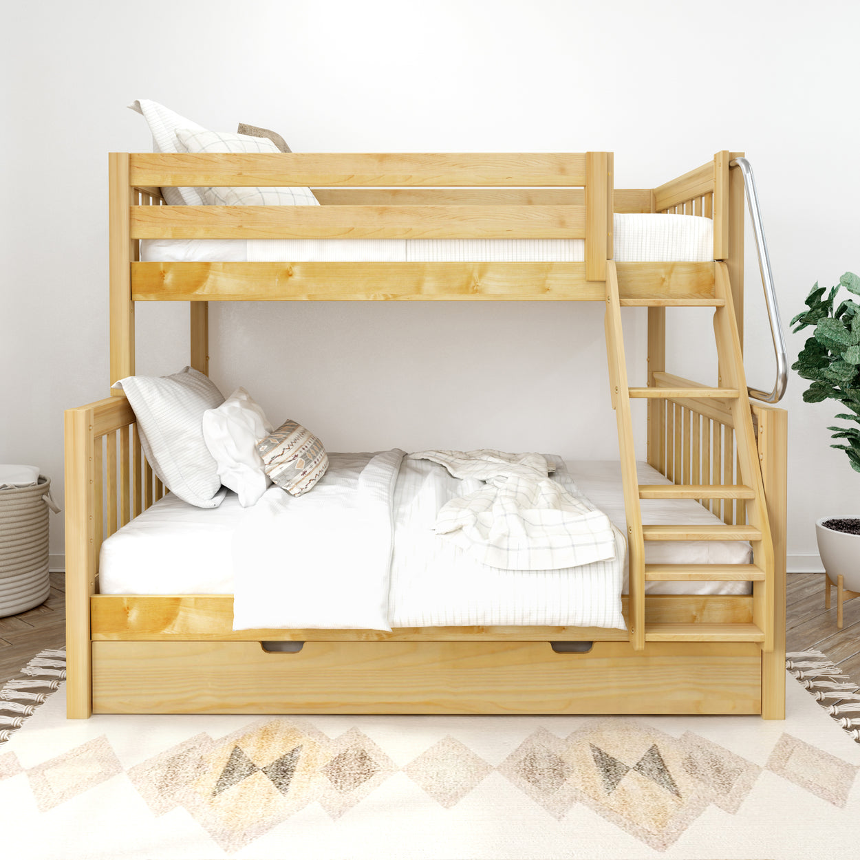Wooden bunk bed with stairs in a modern bedroom, featuring cozy bedding and a decorative plant.