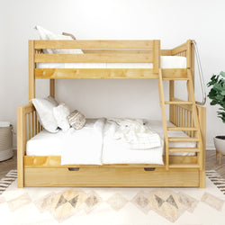 Wooden bunk bed with stairs in a modern bedroom, featuring cozy bedding and a decorative plant.