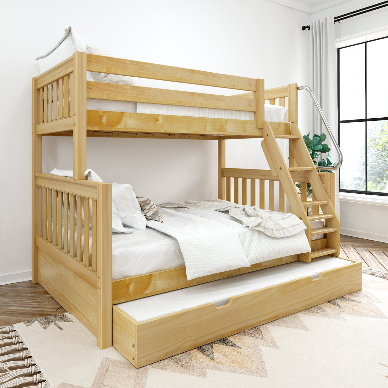 Wooden bunk bed with pull-out trundle in a bright bedroom setting.