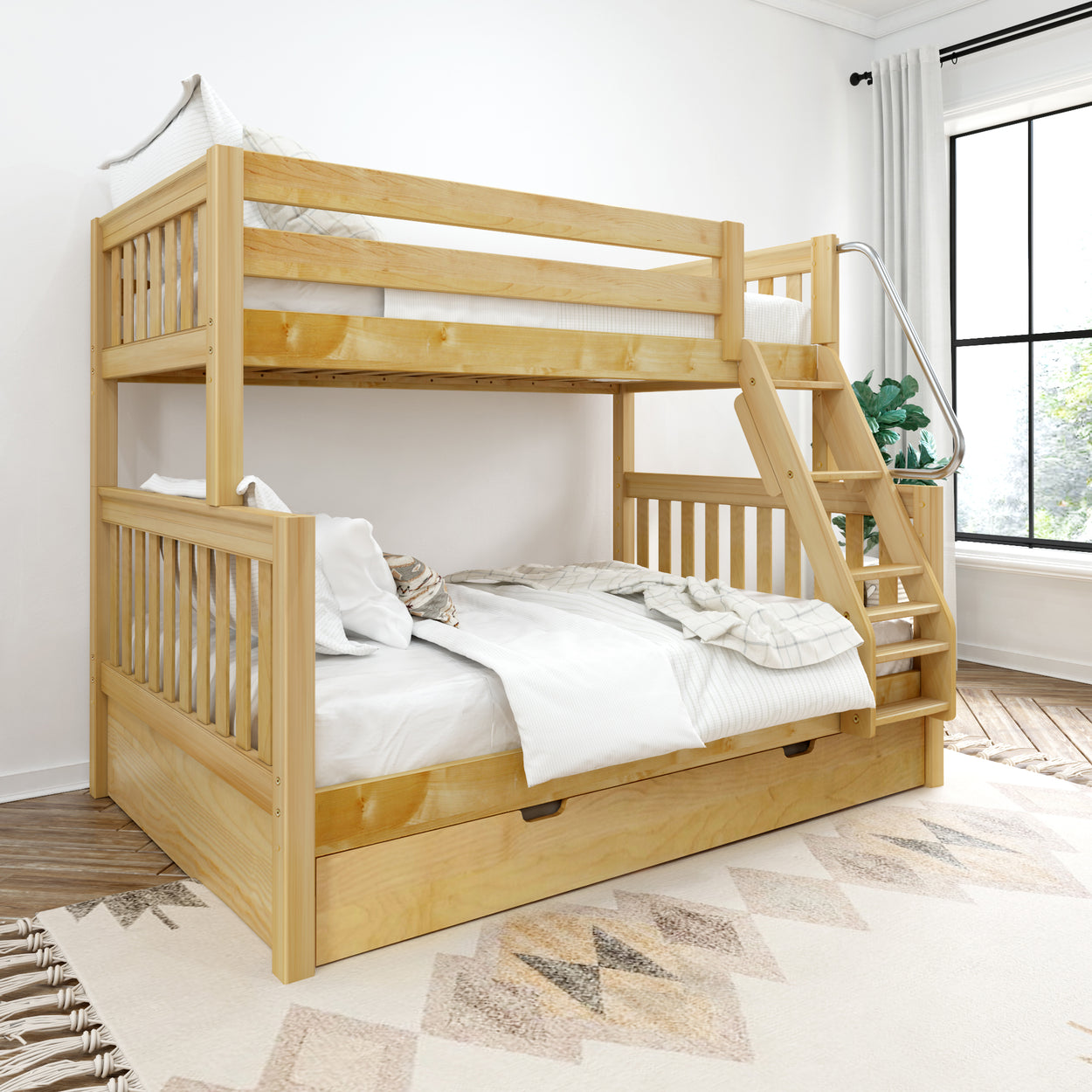 Wooden bunk bed with ladder in a bright modern bedroom setting.