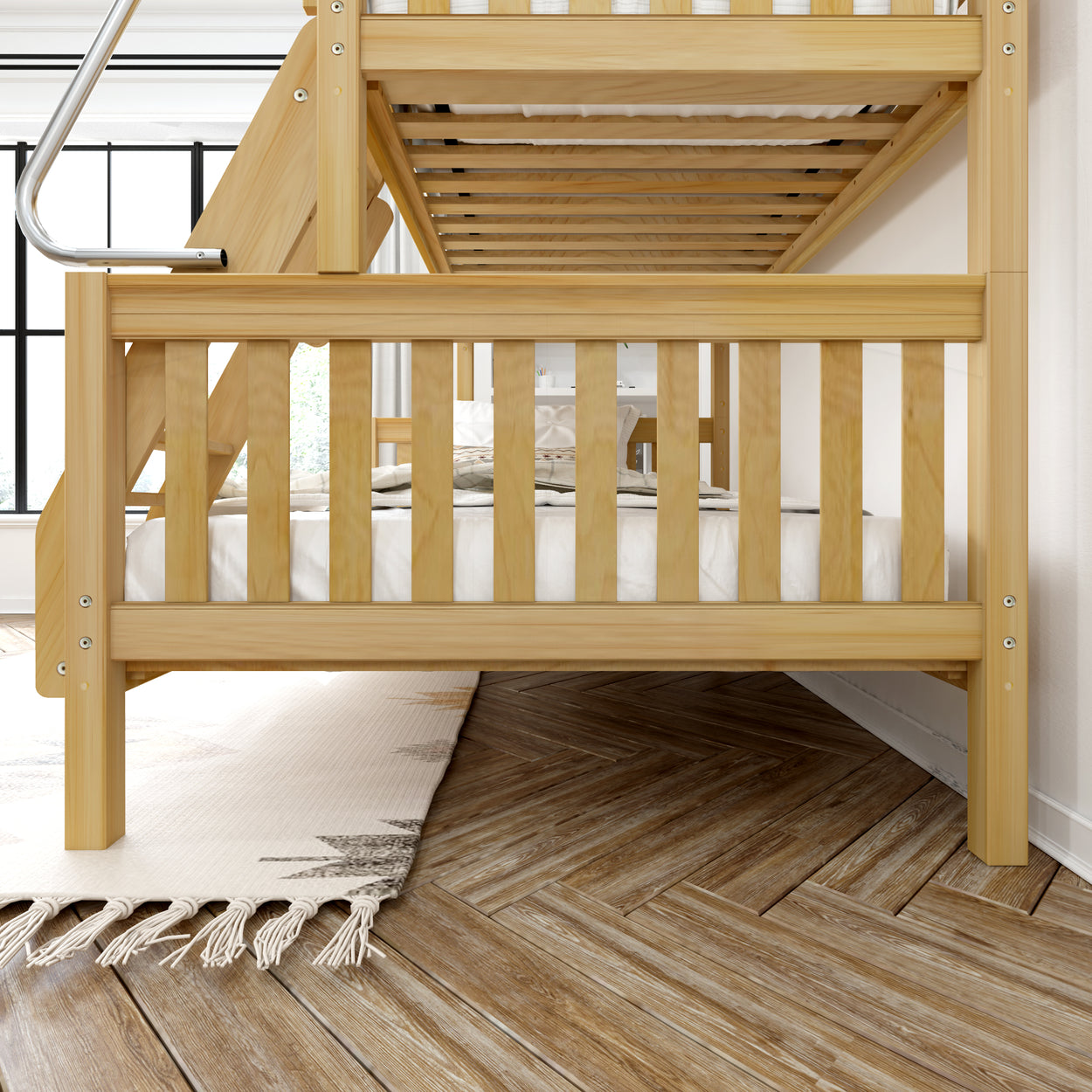 Cozy wooden bunk bed with comfortable bedding in bright, modern bedroom featuring stylish herringbone hardwood flooring.