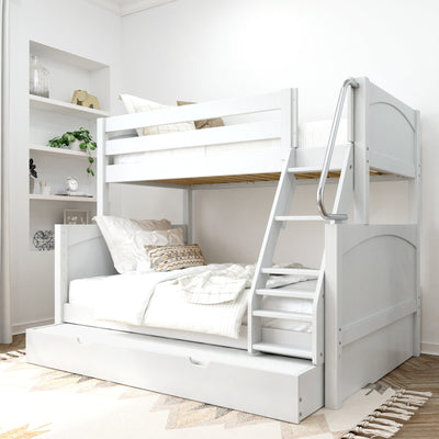 White wooden bunk bed with built-in ladder and pull-out trundle drawer in a minimalist neutral kids' bedroom with cozy bedding and wall shelves