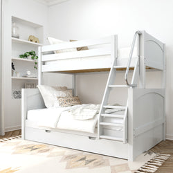 White wooden bunk bed with ladder in a modern bedroom setting featuring cozy bedding and decorative pillows.