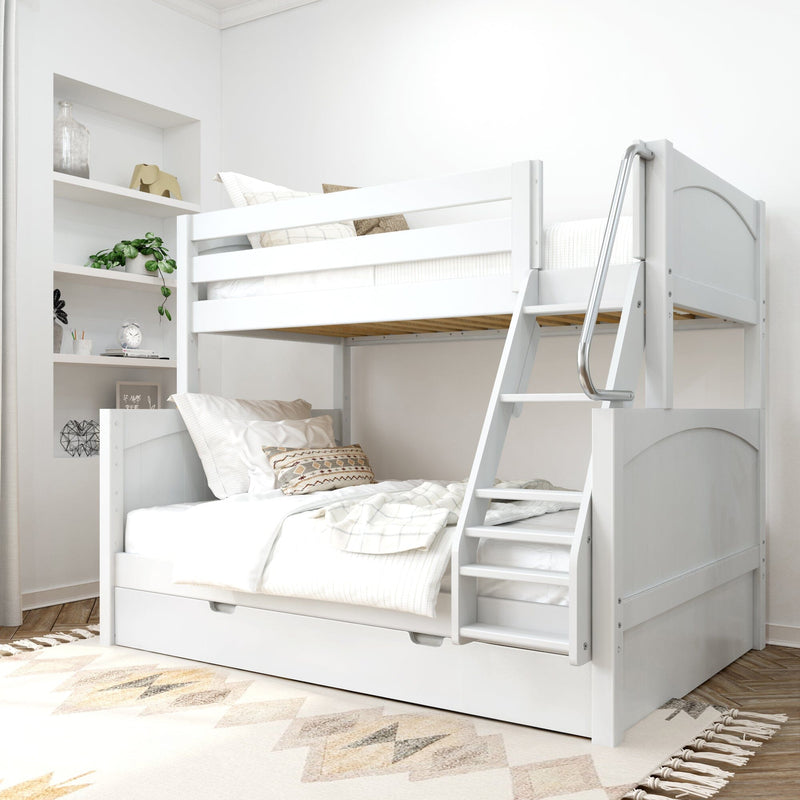 White wooden bunk bed with ladder and trundle drawer in modern neutral kids' bedroom with cozy bedding, pillows and built-in shelving