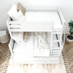 White wooden bunk bed with stylish bedding in a modern bedroom, featuring a cozy atmosphere and decorative pillows.