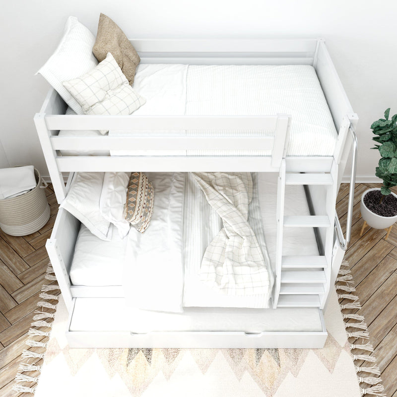 White wooden bunk bed with pull-out trundle and ladder, neutral striped bedding and decorative pillows in a modern, space-saving kids' bedroom