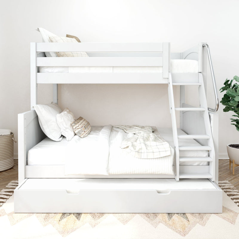 White wooden bunk bed with trundle drawer and ladder in a modern minimalist bedroom with neutral bedding and woven area rug