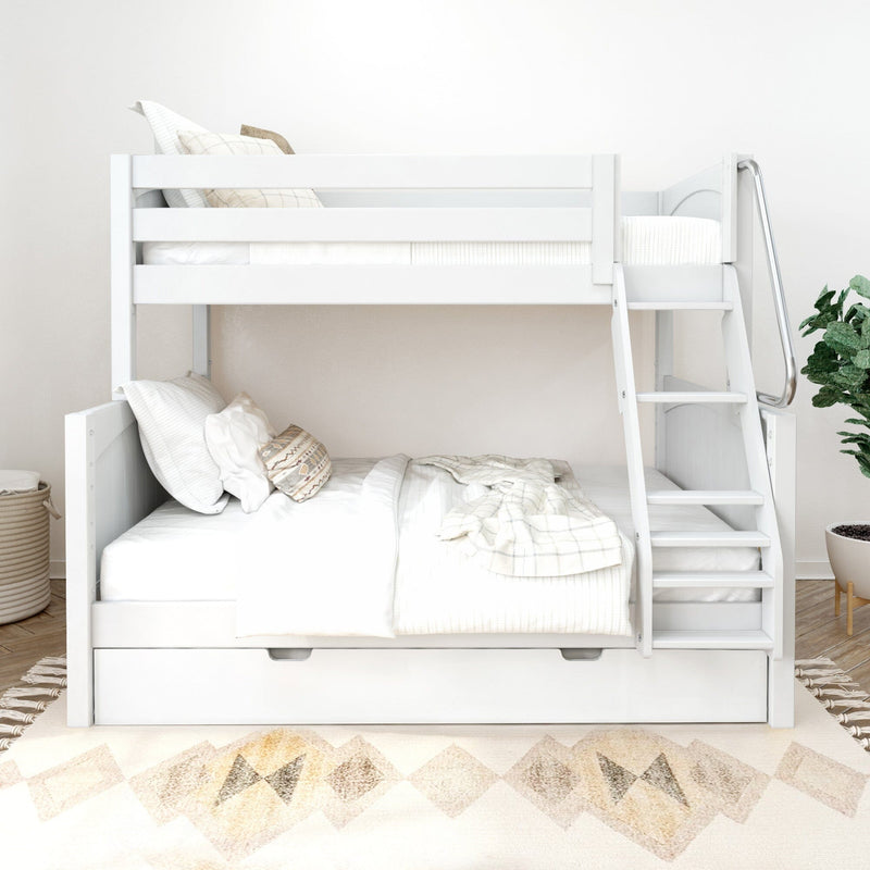 White wooden bunk bed with ladder and under-bed storage drawer, styled with neutral bedding, decorative pillows, geometric rug and potted plant in a modern kids' bedroom