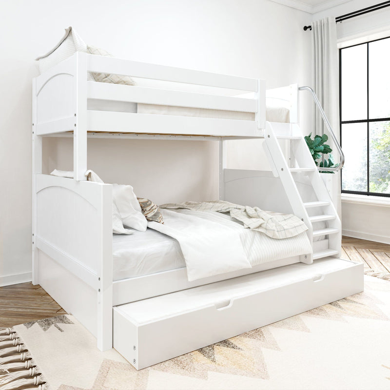 White wooden space-saving bunk bed with staircase and pull-out trundle drawer in a bright modern bedroom with neutral bedding and large window