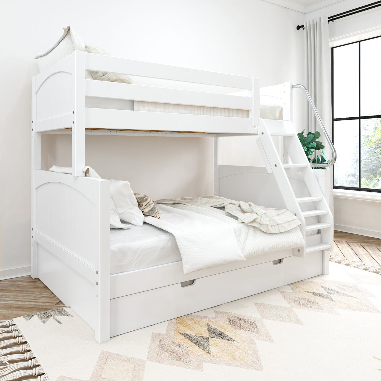 White bunk bed with storage in a modern, well-lit room, featuring cozy bedding and a patterned rug.