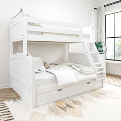 White bunk bed with storage in a modern, well-lit room, featuring cozy bedding and a patterned rug.