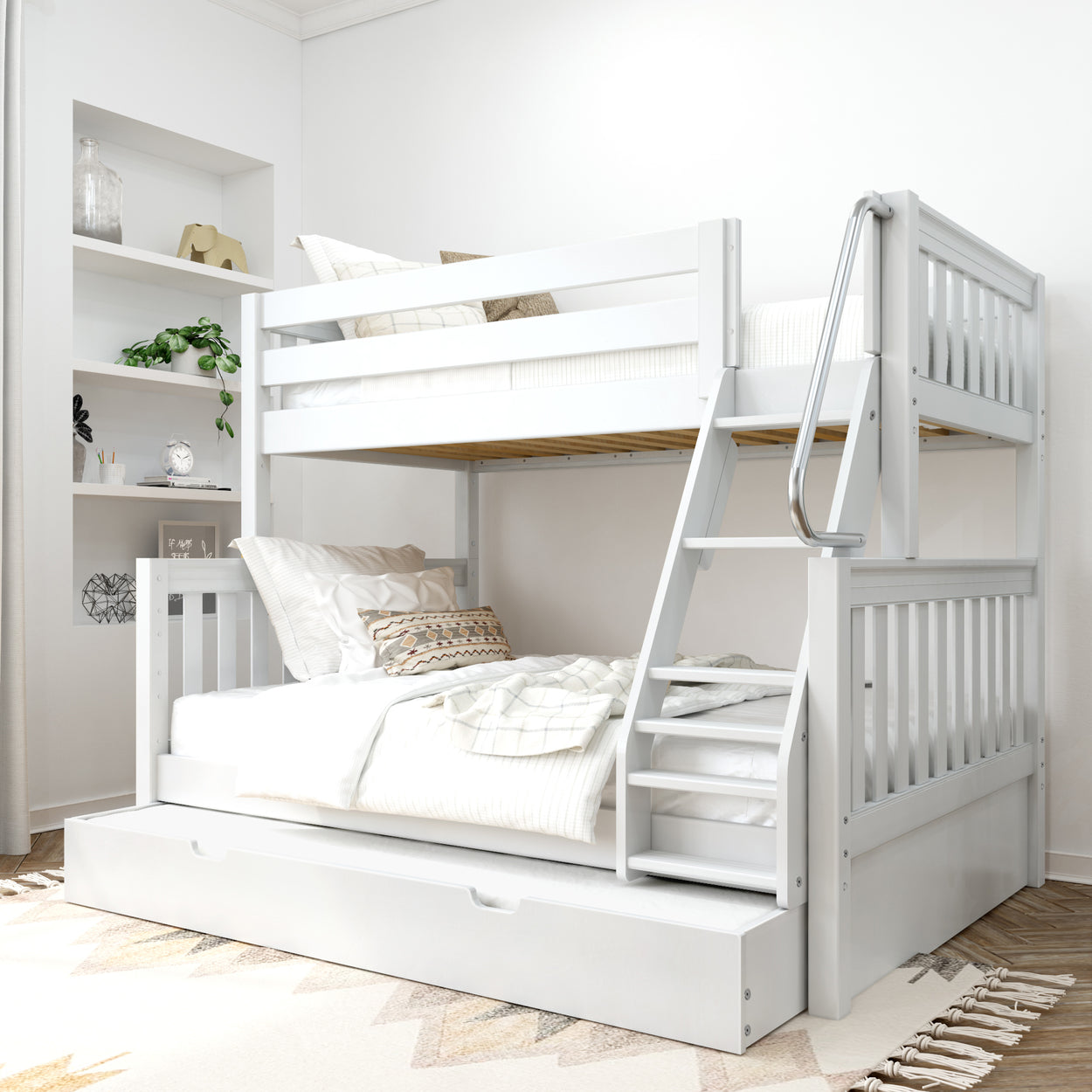 White wooden bunk bed with built-in storage in a modern bedroom setting.