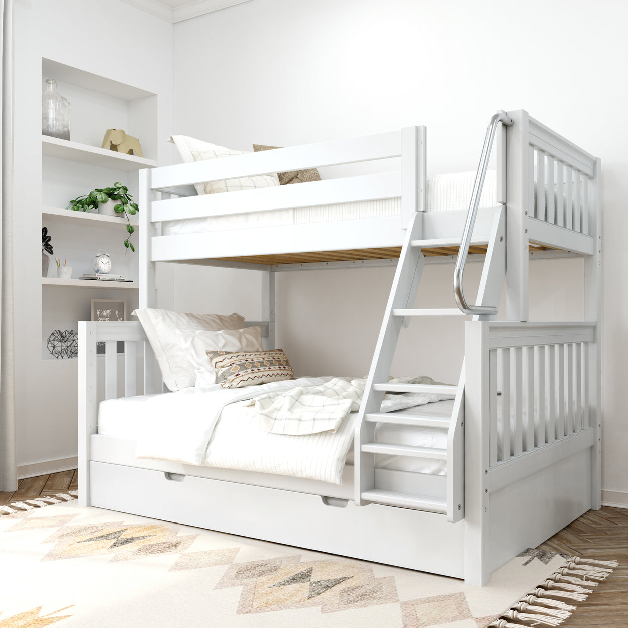 White wooden bunk bed with ladder in modern bedroom.