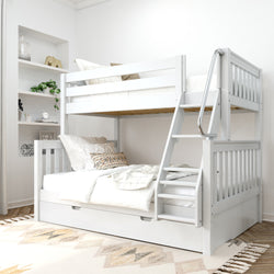White wooden bunk bed with ladder in modern bedroom.
