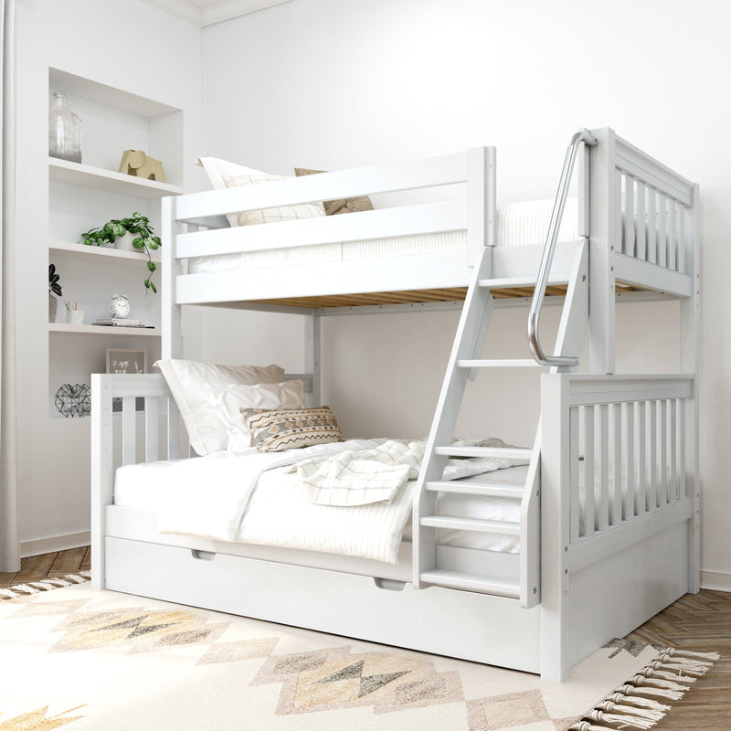White wooden twin-over-full bunk bed with ladder and trundle in bright modern kids bedroom, neutral bedding, pillows and built-in shelves