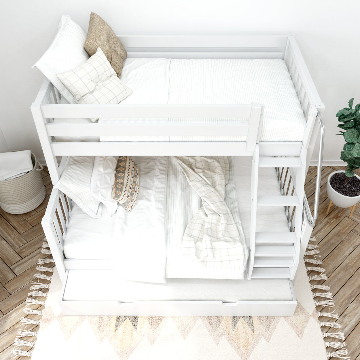 White wooden bunk bed with crisp white bedding in a cozy bedroom setting, featuring a decorative rug and potted plant.