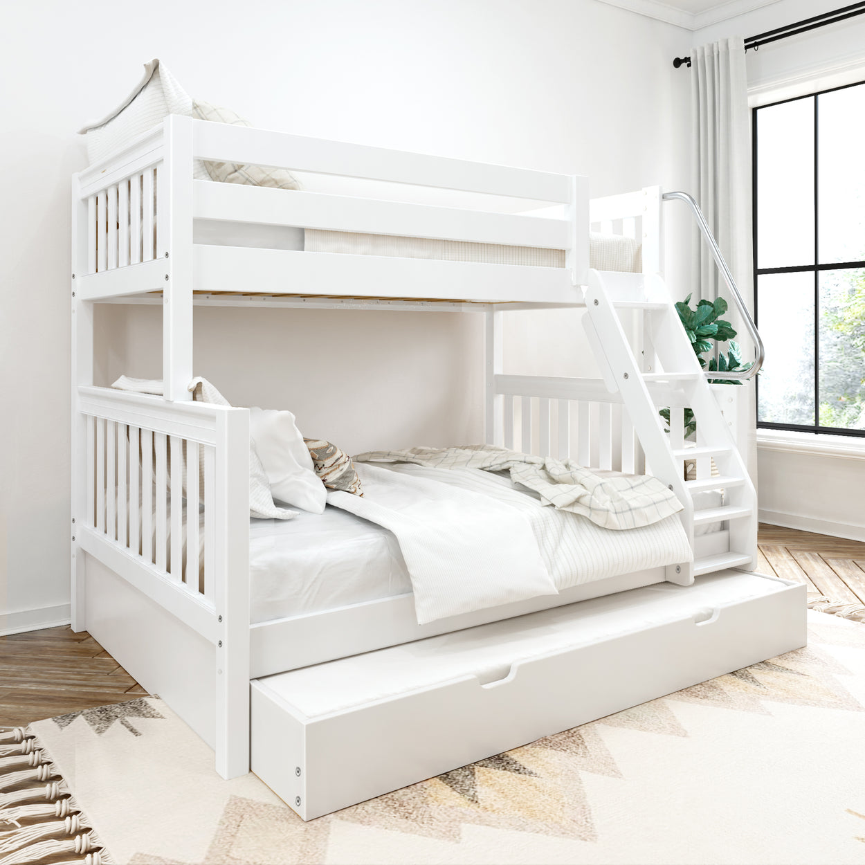 White wooden bunk bed with stair access and pull-out trundle drawer in a bright, minimalist bedroom.