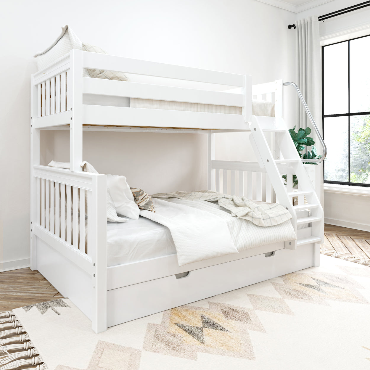 White wooden bunk bed with storage drawer in a bright, modern bedroom featuring patterned rug and large window.