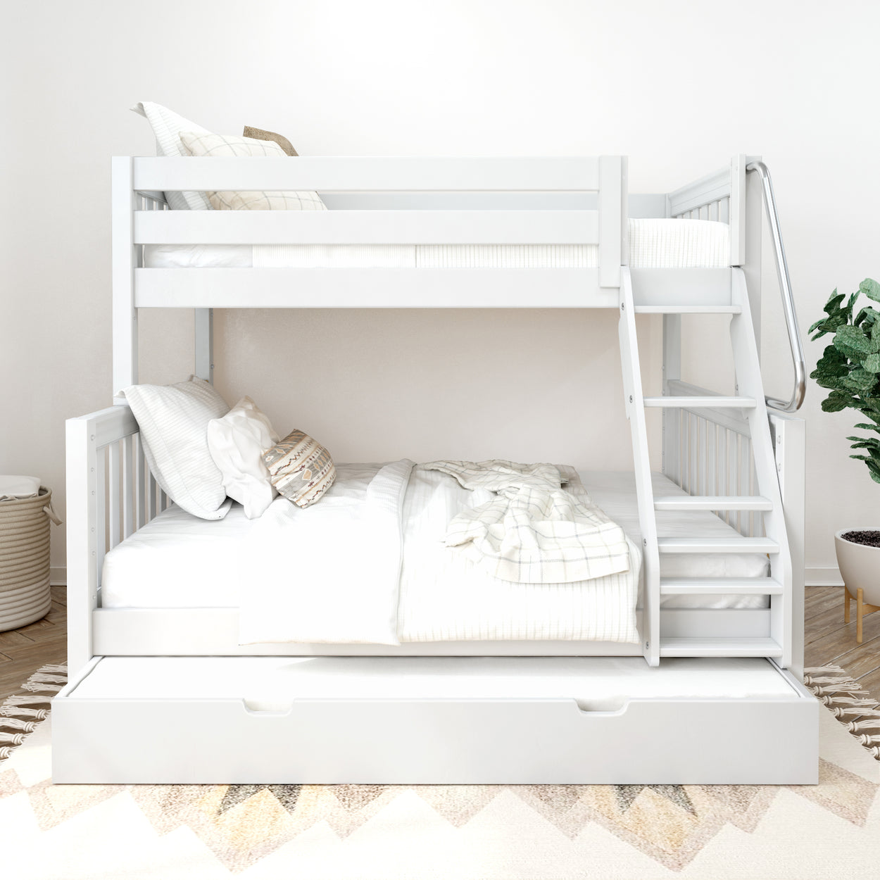 White bunk bed with trundle and staircase in modern minimalist bedroom decor.