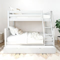White wooden twin-over-full bunk bed with pull-out trundle drawer, attached ladder and neutral bedding in a modern kids' bedroom