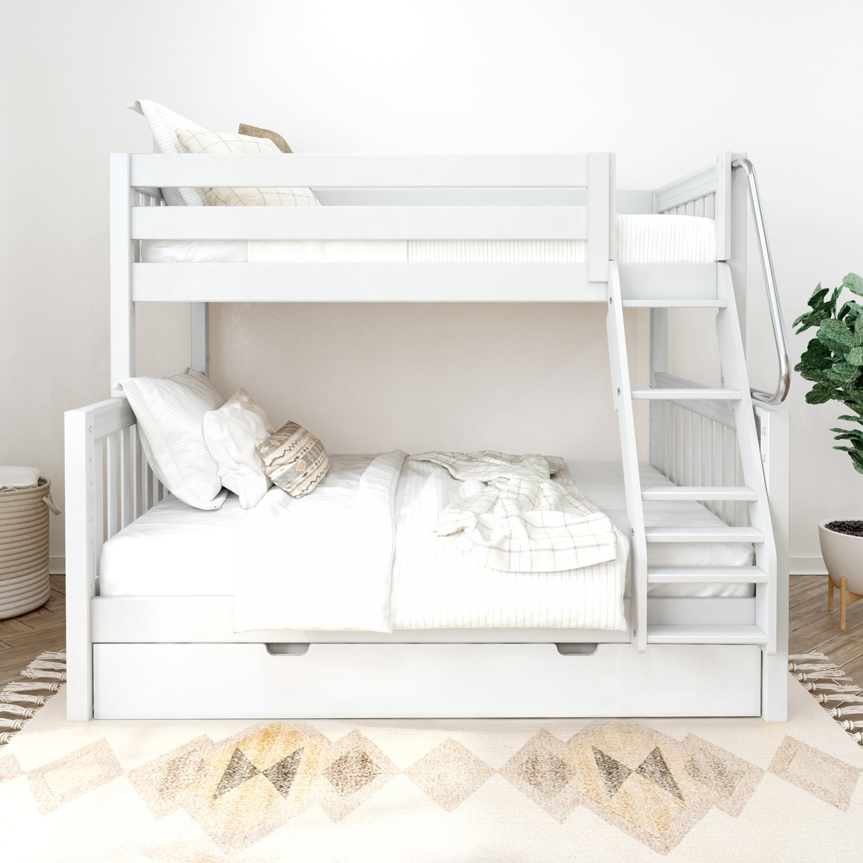 White wooden bunk bed with ladder in a modern, minimalistic bedroom setting featuring cozy bedding and indoor plants.