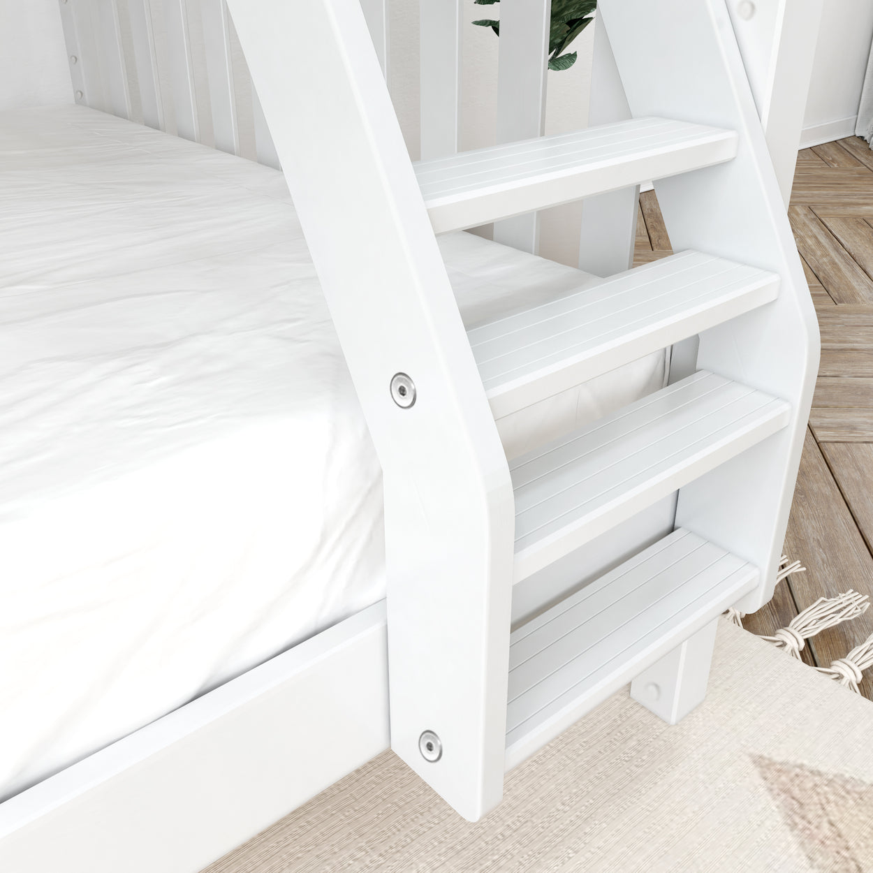 White wooden bunk bed ladder with safety railings and minimalist design.