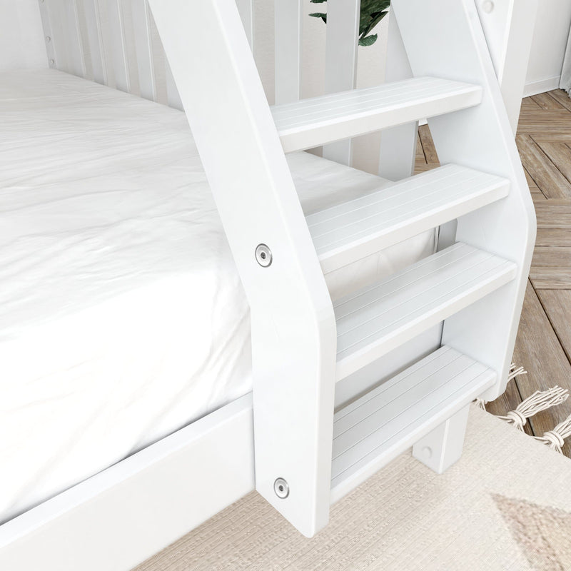 White painted wooden bunk bed ladder with wide slatted steps attached to a white bed frame on hardwood floor in a modern bedroom