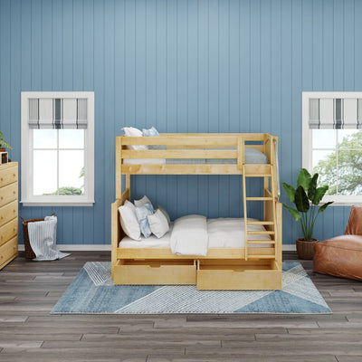 Wooden bunk bed with white bedding in a cozy blue-themed room featuring a modern design and storage drawers.