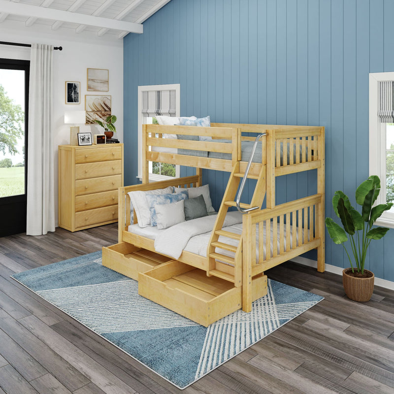 Light wooden twin-over-full bunk bed with built-in ladder and under-bed storage drawers against a blue shiplap accent wall in a bright kids' bedroom with dresser, area rug, and potted plant.