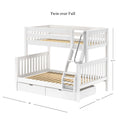 White twin-over-full wooden bunk bed with angled ladder and under-bed storage drawers, slatted mattress supports, dimensions 80 x 61.5 x 66.75 inches