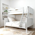 White wooden twin-over-twin bunk bed with ladder in bright minimalist kids’ bedroom, neutral boho decor, space-saving loft design