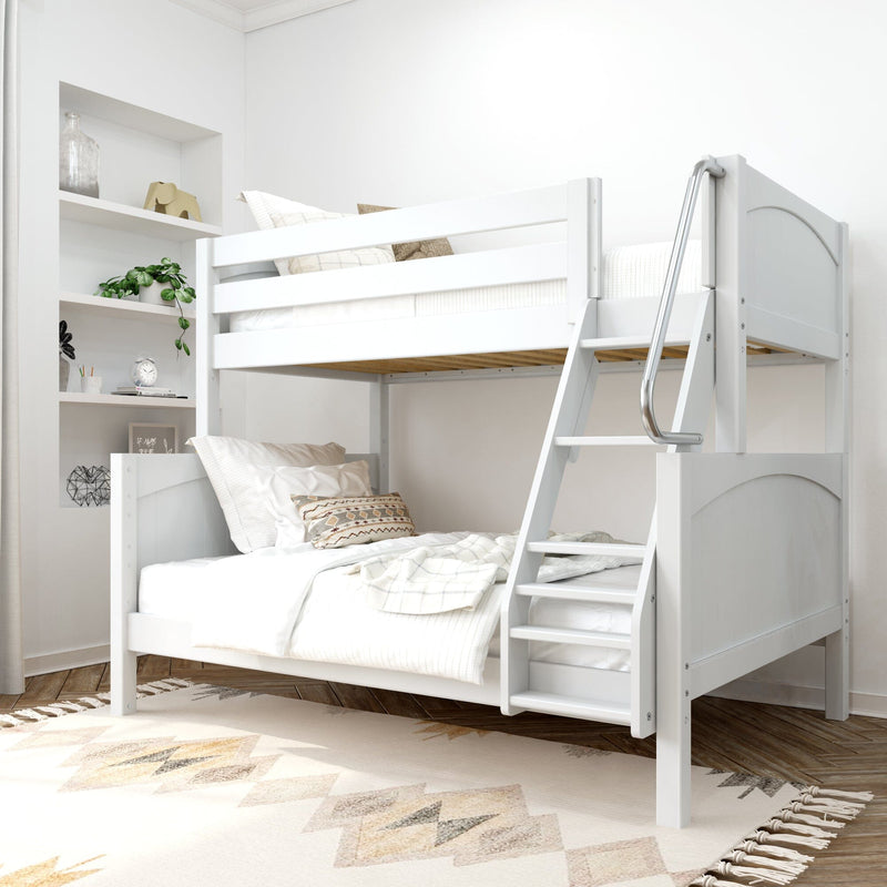 White wooden twin-over-twin bunk bed with ladder in bright minimalist kids’ bedroom, neutral boho decor, space-saving loft design