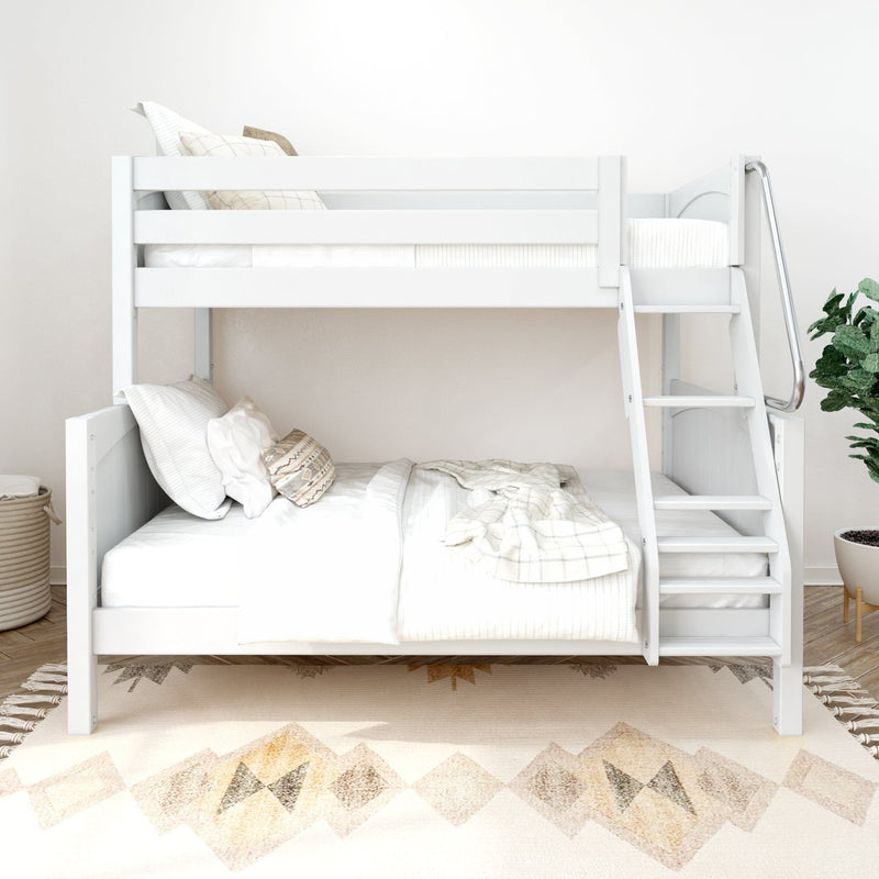 White wooden bunk bed with ladder, neutral bedding and decorative pillows in a modern kids' bedroom with patterned rug and potted plant