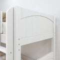 Close-up of white wooden bunk bed headboard with arched panel detail, slatted guardrail and painted finish for kids' bedroom furniture