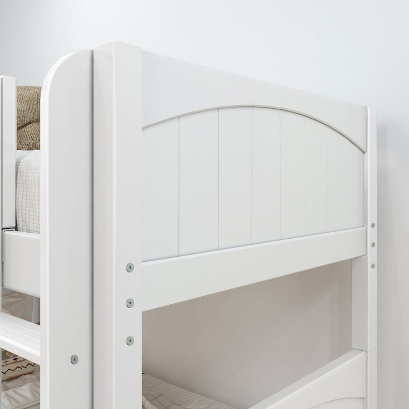 Close-up of white wooden bunk bed headboard with arched panel detail, slatted guardrail and painted finish for kids' bedroom furniture