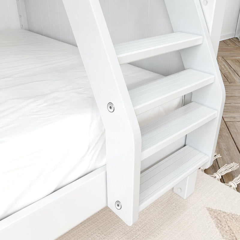 Close-up of a white wooden bunk bed ladder with wide slatted steps, crisp white bedding and light hardwood flooring in a bright modern coastal bedroom
