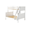 White wooden twin-over-full bunk bed with angled ladder, metal handrail, slatted mattress supports and safety guardrail — space-saving kids' bedroom solution