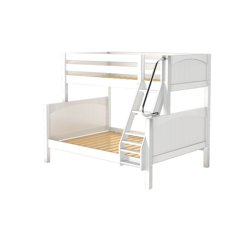 White wooden twin-over-full bunk bed with angled ladder, metal handrail, slatted mattress supports and safety guardrail — space-saving kids' bedroom solution